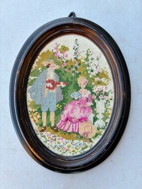 Needlepoint Courting Couple Oval Framed